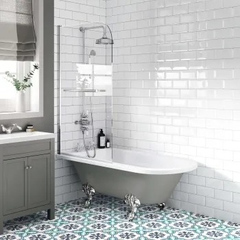 Abingdon 1500 Dove Grey Roll Top Shower Bath - Chrome Ball Feet & 6mm Easy Clean Screen With Rail
