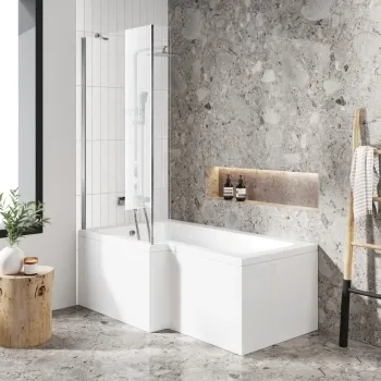 L Shaped 1600 Shower Bath with Front Panel & 4mm Fixed Screen - Left Handed