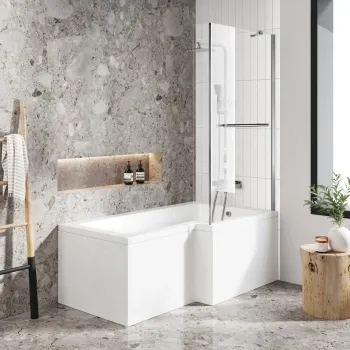 L Shaped 1600 Shower Bath with Front Panel & 4mm Fixed Screen with Rail - Right Handed