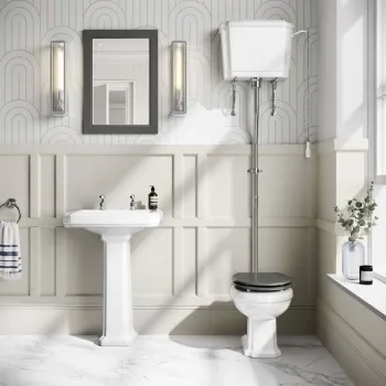 Hudson Traditional High-Level Toilet With Graphite Grey Seat & Pedestal Basin - Double Tap Hole