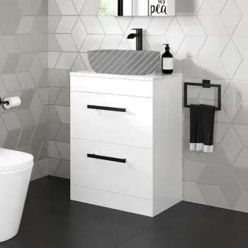 Avon Gloss White Counter Top Vanity Drawer with Marble Top 600mm - Black Accents