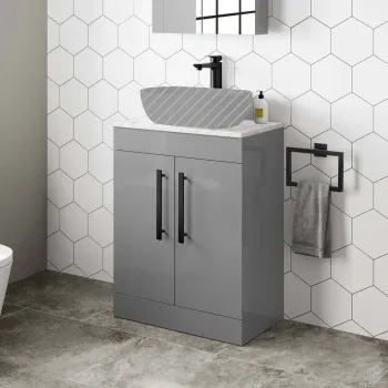Avon Stone Grey Counter Top Vanity with Marble Top 600mm - Black Accents