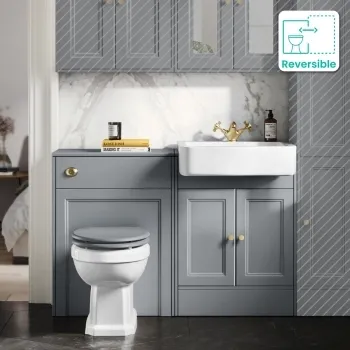 Monaco Dove Grey Combination Vanity Basin and Hudson Toilet with Wooden Seat 1200mm - Brushed Brass Accents