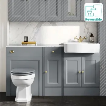 Monaco Dove Grey Combination Vanity Basin with Marble Top and Hudson Toilet with Wooden Seat 1500mm - Brushed Brass Accents