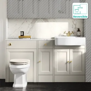 Monaco Chalk White Combination Vanity Basin with Marble Top and Hudson Toilet with Wooden Seat 1500mm - Brushed Brass Accents