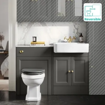 Monaco Graphite Grey Combination Vanity Basin with Marble Top & Hudson Toilet with Wooden Seat 1200mm - Brushed Brass Accents