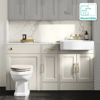 Monaco Chalk White Combination Vanity Basin with Marble Top and Hudson Toilet with Wooden Seat 1500mm - Brass Knurled Handles