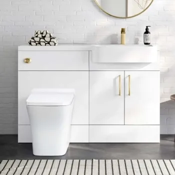 Harper Gloss White Combination Vanity Basin and Houston Toilet 1200mm - Brushed Brass Accents - Right Handed