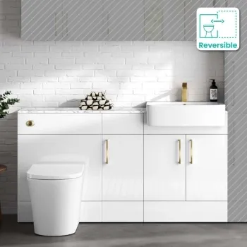 Harper Gloss White Combination Vanity Basin with Marble Top & Tucson Toilet 1500mm - Brushed Brass Accents