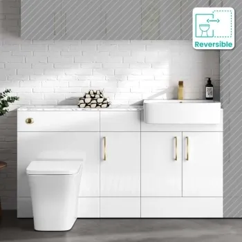 Harper Gloss White Combination Vanity Basin with Marble Top & Houston Toilet 1500mm - Brushed Brass Accents