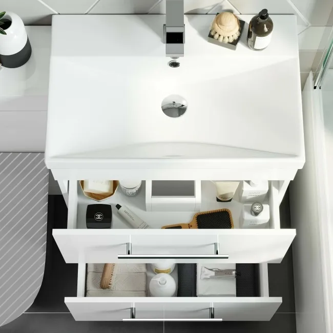 Avon Gloss White Basin Drawer Vanity and Back To Wall Toilet 1100mm