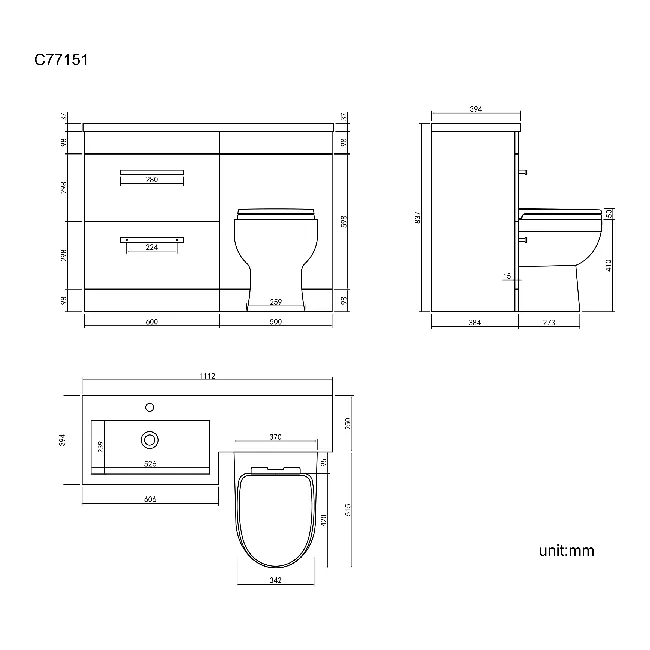 Avon Gloss White Combination Basin Drawer and Seattle Toilet 1100mm - Left Handed