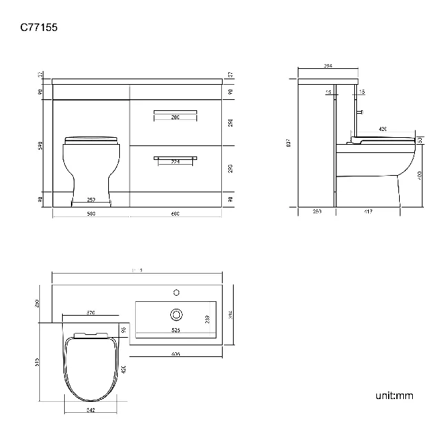 Avon Gloss White Combination Basin Drawer and Seattle Toilet 1100mm - Right Handed