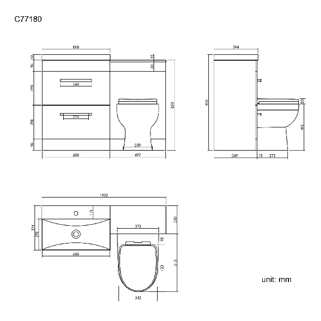 Avon Stone Grey Combination Basin Drawer and Seattle Toilet 1100mm