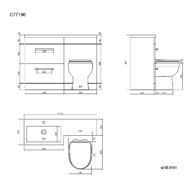 Avon Stone Grey Combination Basin Drawer and Seattle Toilet 1100mm - Left Handed