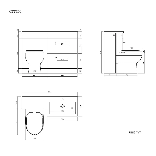 Avon Stone Grey Combination Basin Drawer and Seattle Toilet 1100mm - Right Handed