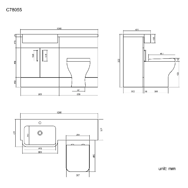 Harper Gloss White Combination Vanity Basin and Atlanta Toilet 1200mm - Black Accents - Left Handed