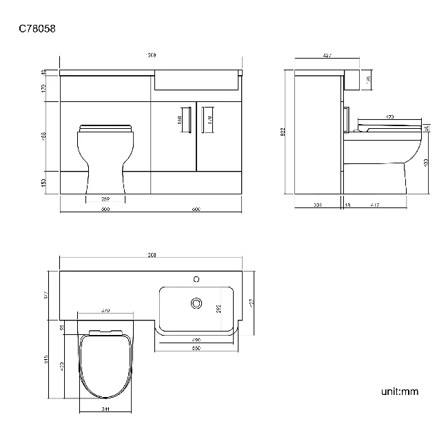Harper Gloss White Combination Vanity Basin and Seattle Toilet 1200mm - Black Accents - Right Handed