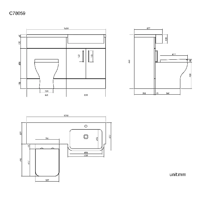 Harper Gloss White Combination Vanity Basin and Atlanta Toilet 1200mm - Black Accents - Right Handed