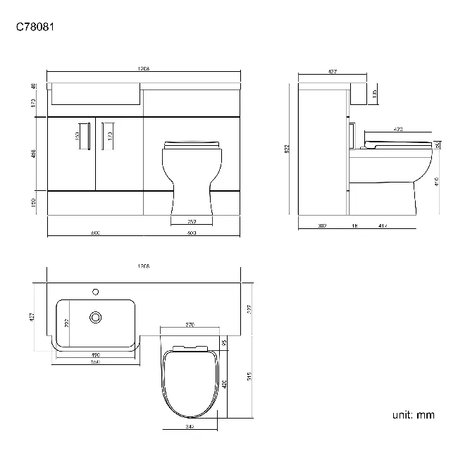 Harper Stone Grey Combination Vanity Basin and Seattle Toilet 1200mm - Black Accents - Left Handed