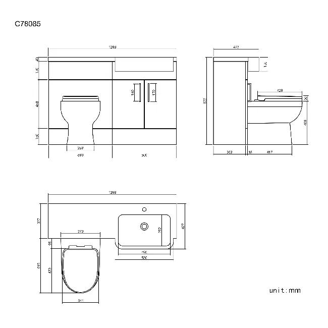 Harper Stone Grey Combination Vanity Basin and Seattle Toilet 1200mm - Black Accents - Right Handed