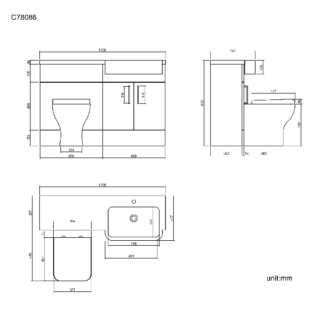 Harper Stone Grey Combination Vanity Basin and Atlanta Toilet 1200mm - Black Accents - Right Handed