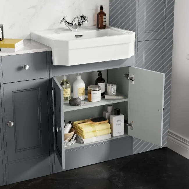 Monaco Dove Grey Combination Vanity Traditional Basin with Marble Top & Hudson Toilet with Wooden Seat 1500mm