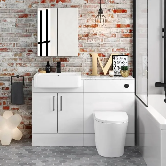 Harper Gloss White Combination Vanity Basin with Marble Top & Boston Toilet 1200mm - Black Accents
