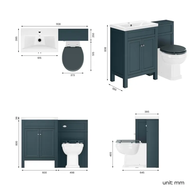 Bermuda Inky Blue Combination Vanity Basin and Hudson Toilet with Wooden Seat 1100mm