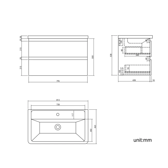 Corsica Inky Blue Wall Hung Basin Drawer Vanity 800mm