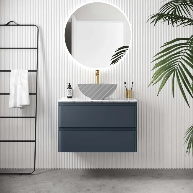 Corsica Inky Blue Wall Hung Drawer with Marble Top 800mm - Excludes Counter Top Basin