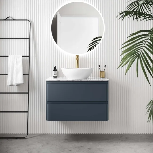 Corsica Inky Blue Wall Hung Drawer Vanity with Marble Top & Oval Counter Top Basin 800mm