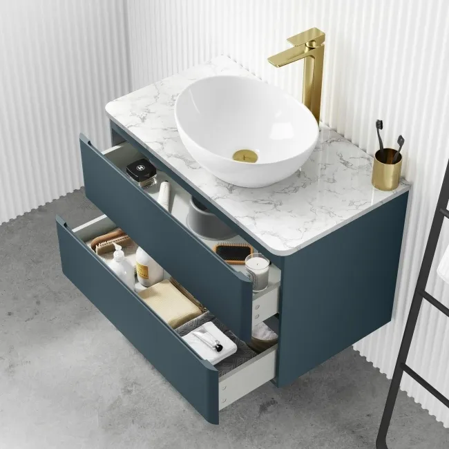 Corsica Inky Blue Wall Hung Drawer Vanity with Marble Top & Oval Counter Top Basin 800mm