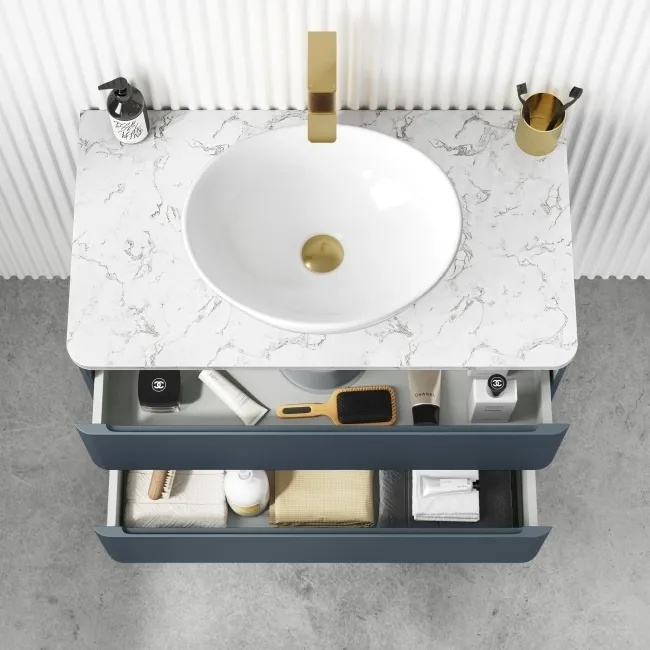 Corsica Inky Blue Wall Hung Drawer Vanity with Marble Top & Oval Counter Top Basin 800mm