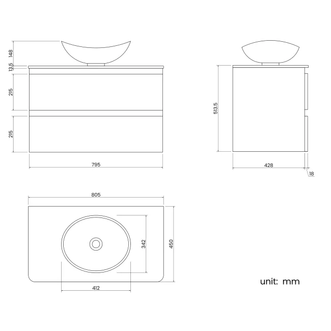 Corsica Inky Blue Wall Hung Drawer Vanity with Marble Top & Oval Counter Top Basin 800mm