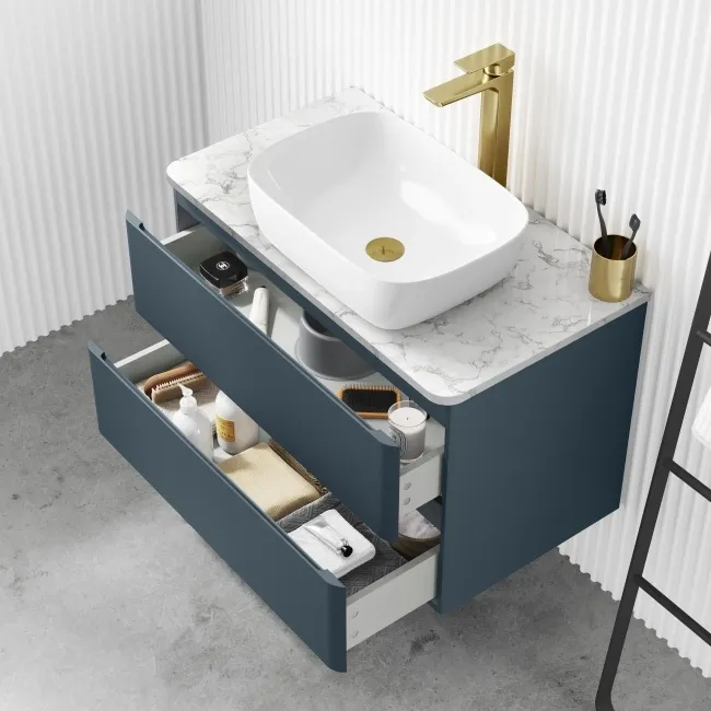 Corsica Inky Blue Wall Hung Drawer Vanity with Marble Top & Curved Counter Top Basin 800mm