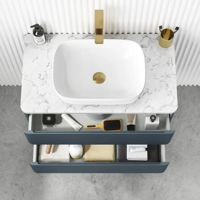 Corsica Inky Blue Wall Hung Drawer Vanity with Marble Top & Curved Counter Top Basin 800mm