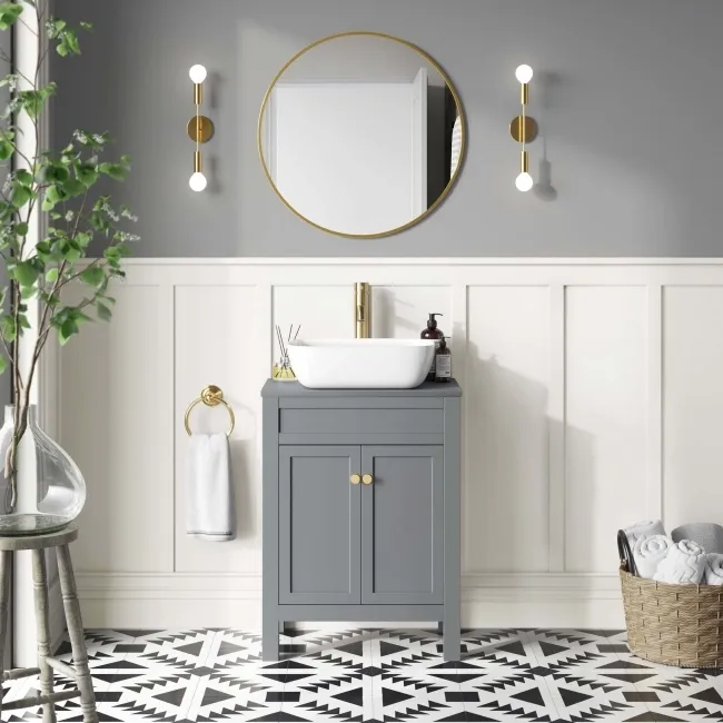 Bermuda Dove Grey Vanity with Curved Counter Top Basin 600mm - Brushed Brass Accents