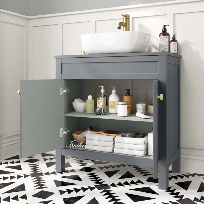Bermuda Dove Grey Vanity with Curved Counter Top Basin 800mm - Brushed Brass Accents