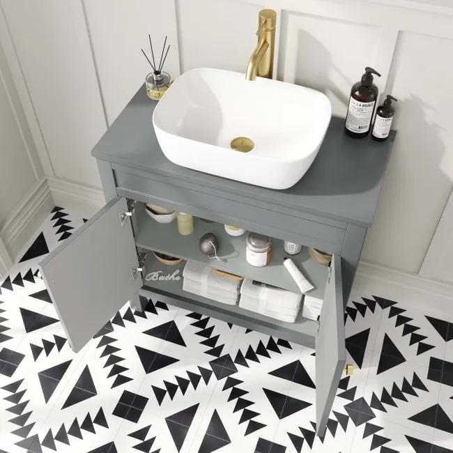 Bermuda Dove Grey Vanity with Curved Counter Top Basin 800mm - Brushed Brass Accents