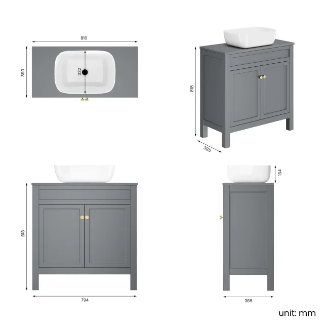 Bermuda Dove Grey Vanity with Curved Counter Top Basin 800mm - Brushed Brass Accents