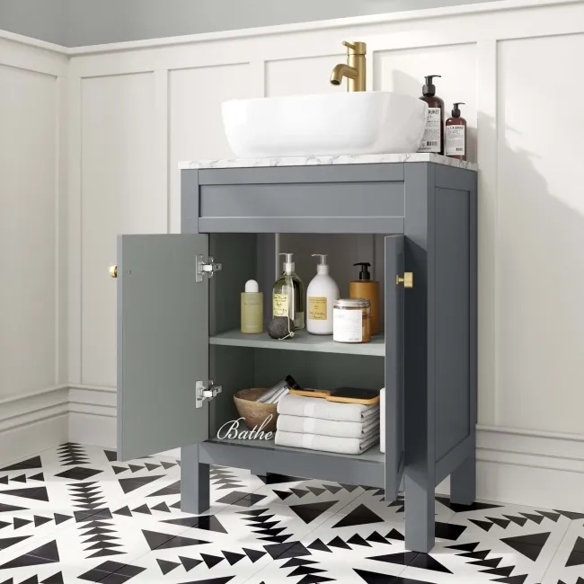 Bermuda Dove Grey Vanity with Marble Top & Curved Counter Top Basin 600mm - Brushed Brass Accents