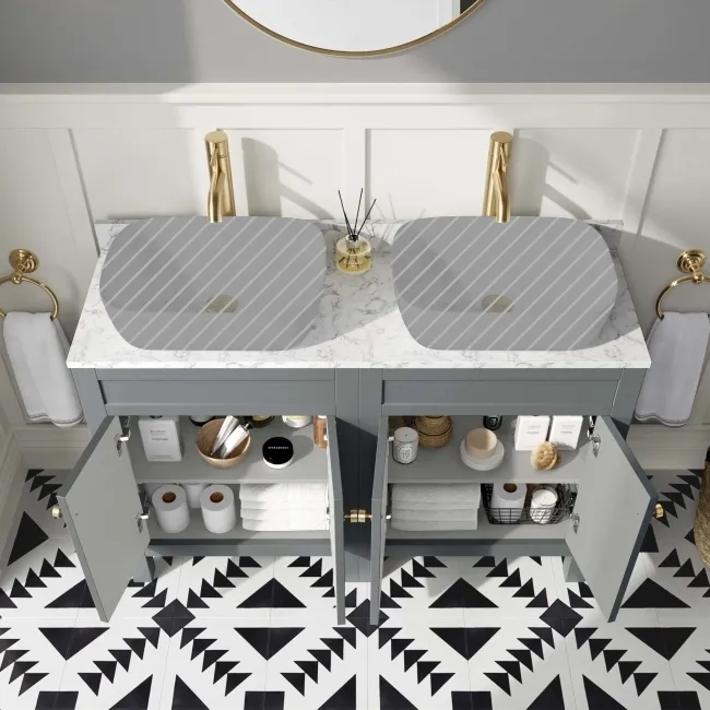 Bermuda Dove Grey Cabinet with Marble Top 1200mm Excludes Counter Top Basins - Brushed Brass Accents