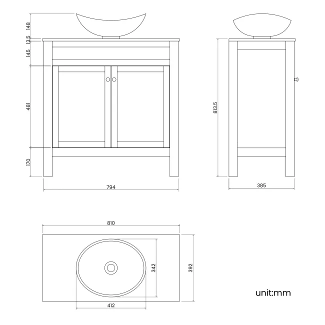 Bermuda Graphite Grey Vanity with Marble Top & Oval Counter Top Basin 800mm - Brushed Brass Accents