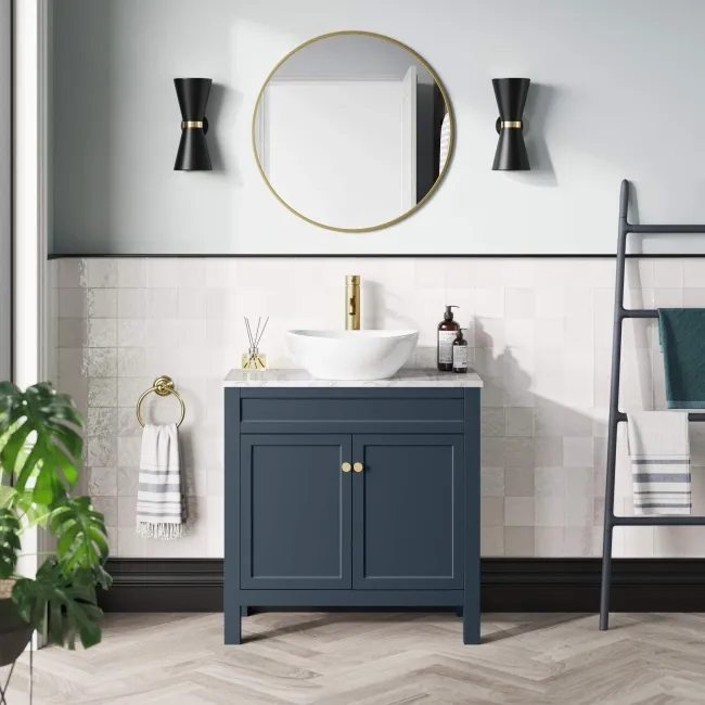 Bermuda Inky Blue Vanity with Marble Top & Oval Counter Top Basin 800mm - Brushed Brass Accents
