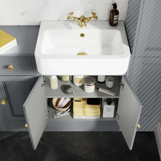 Monaco Dove Grey Combination Vanity Basin 1500mm (Excludes Pan & Cistern) - Brushed Brass Accents