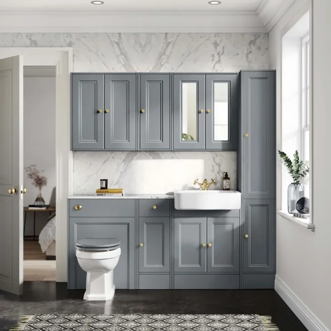 Monaco Dove Grey Combination Vanity Basin with Marble Top 1500mm (Excludes Pan & Cistern) - Brushed Brass Accents