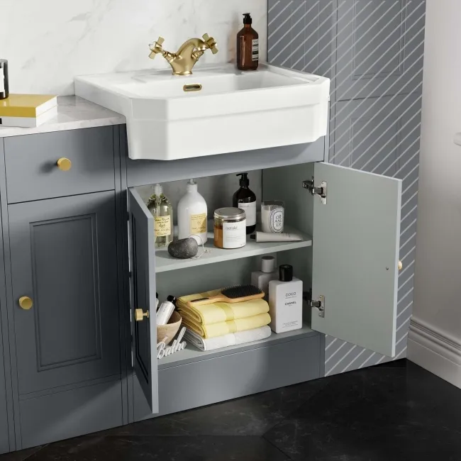 Monaco Dove Grey Combination Vanity Traditional Basin with Marble Top 1500mm (Excludes Pan & Cistern) - Brushed Brass Accents