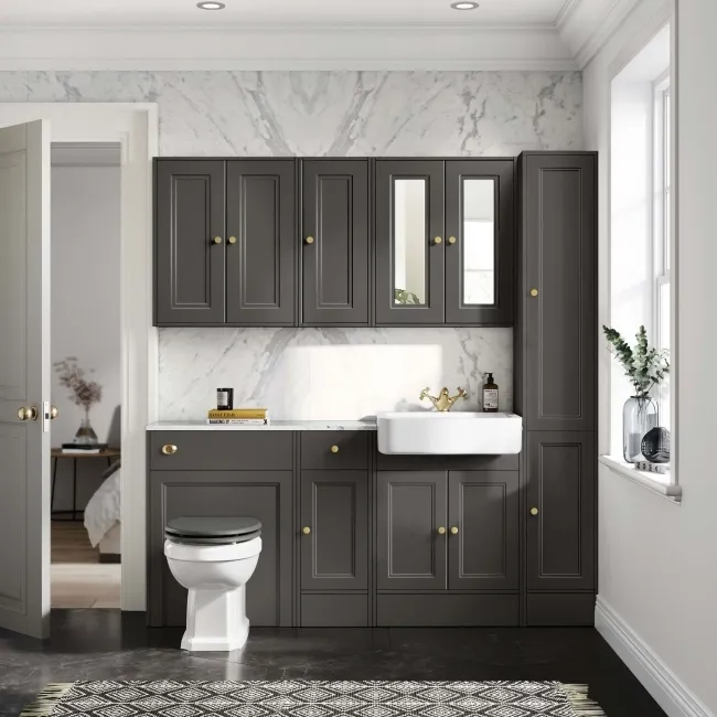 Monaco Graphite Grey Combination Vanity Basin with Marble Top 1500mm (Excludes Pan & Cistern) - Brushed Brass Accents