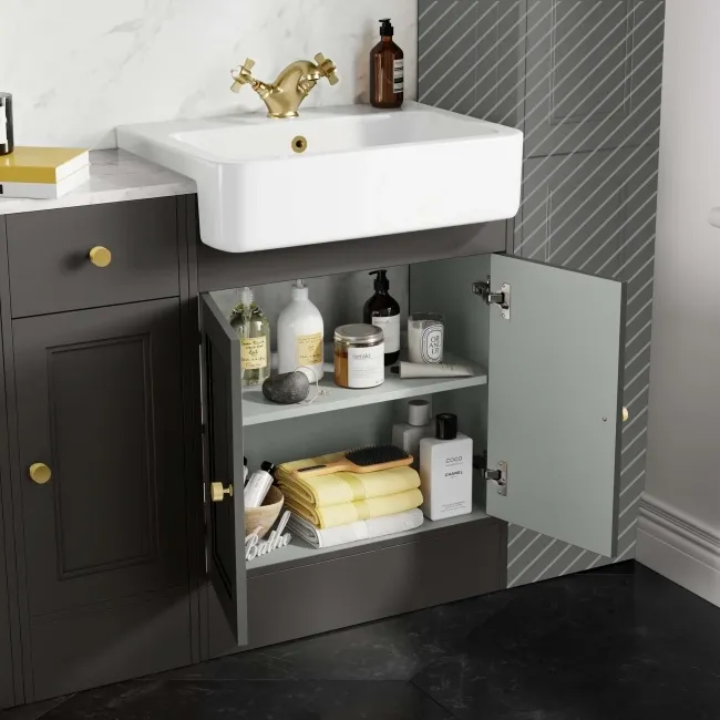 Monaco Graphite Grey Combination Vanity Basin with Marble Top 1500mm (Excludes Pan & Cistern) - Brushed Brass Accents